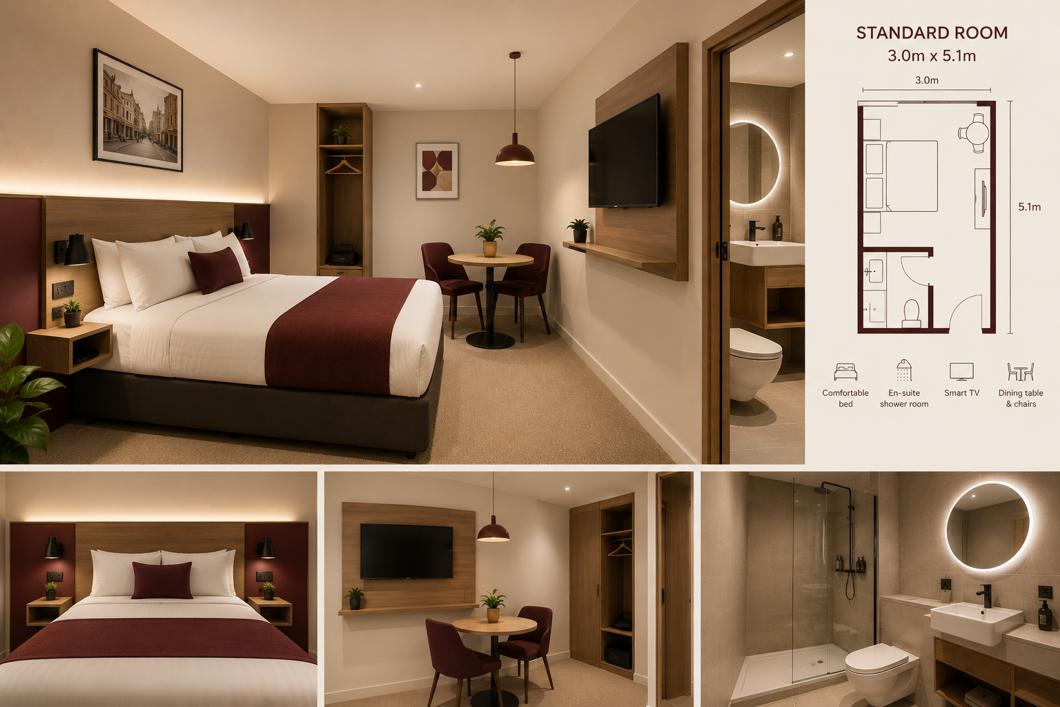 High Street Hotels standard room concept with double bed, table and en-suite